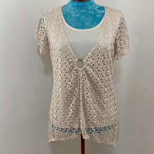 Brittany Black Lace Layered Boho Short Sleeve Hi lo Womens Top Size M